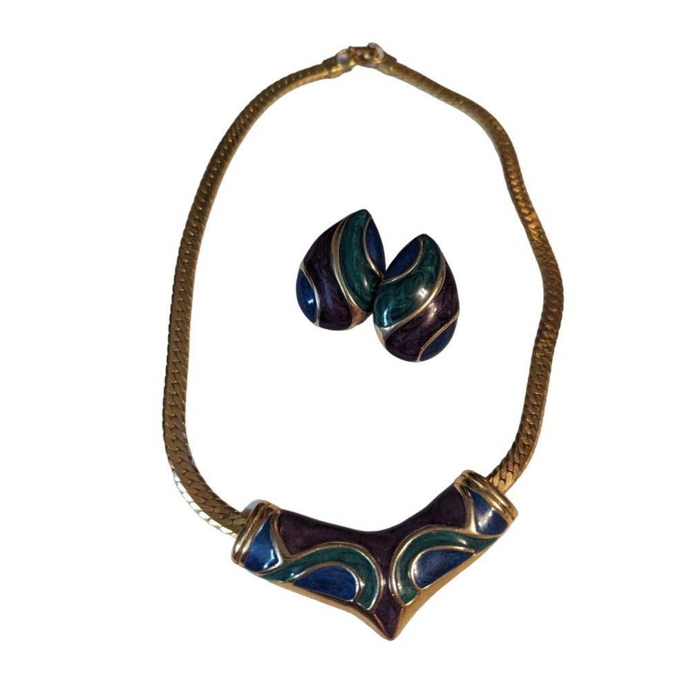 Necklace & Earring set Gold Tone blue purple green herringbone style enameled